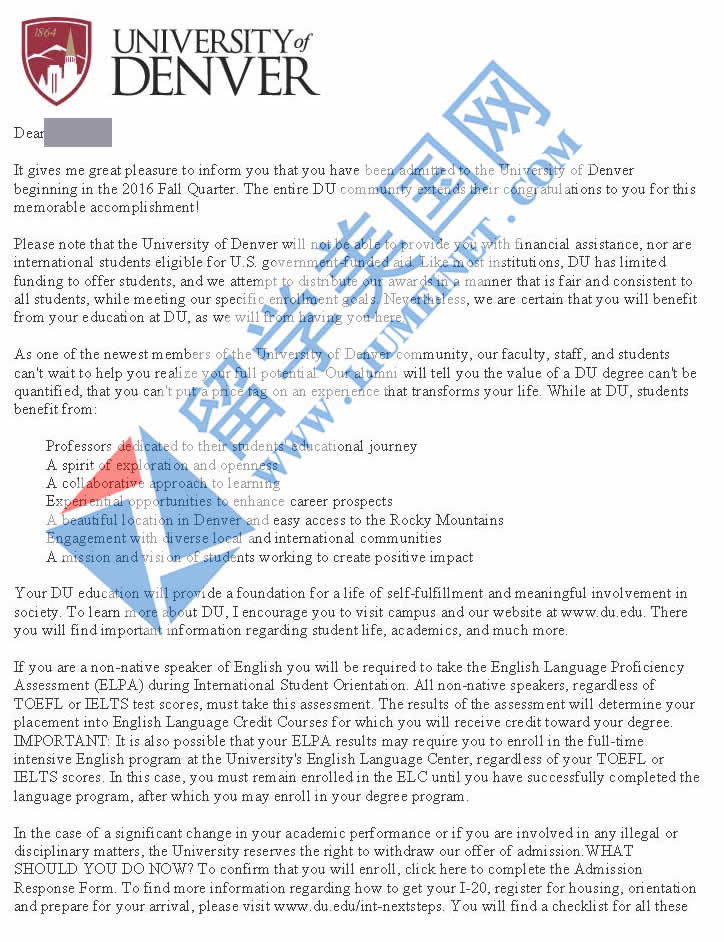 恭喜SZX同學獲得丹佛大學錄取offer