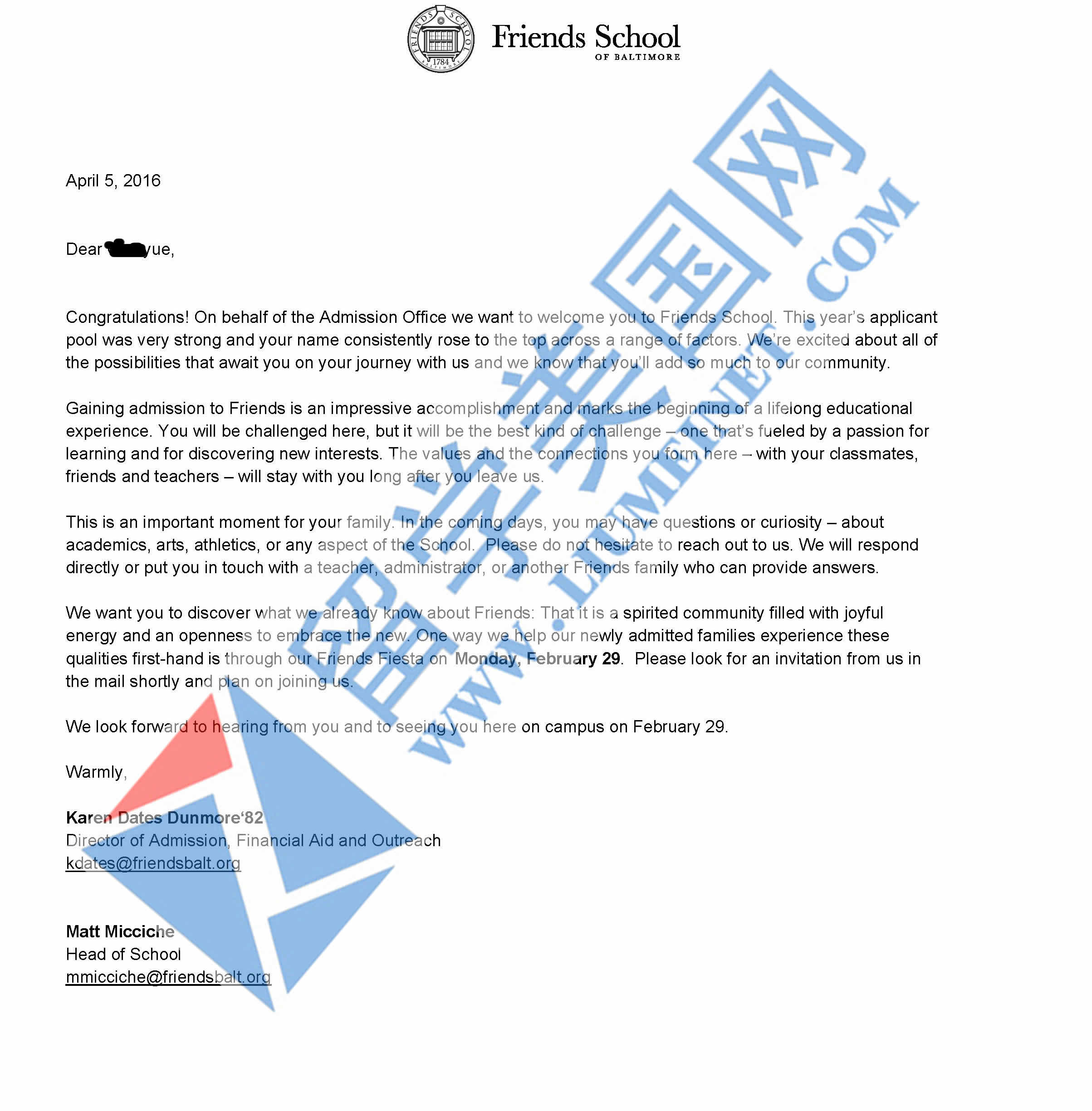 恭喜吳同學獲得巴爾的摩貴格會學校offer